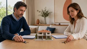 Dos copropietarios separan la titularidad de una vivienda sobre una mesa de negociación.