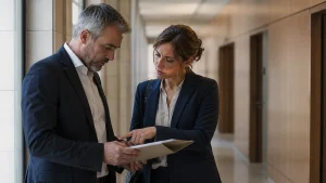 Abogada penalista asesora a un cliente antes de un juicio rápido