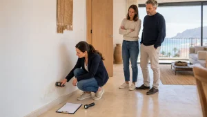 Arquitecto inspeccionando una humedad oculta en la pared de una vivienda.